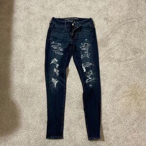 AE distressed, skinny jeans, size 2 dark wash, high-rise stretch denim